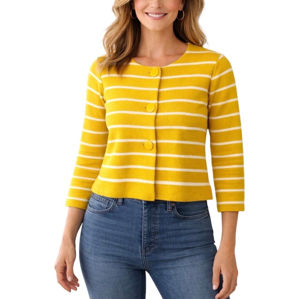 J. Crew Cotton Yellow Striped 3 Button Cardigan Sweater in Size Large 3/4 Sleeve